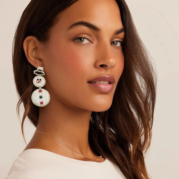 Crystal & Beaded Dangle Snowman Seed Bead Statement Christmas Earrings - Picture 4 of 7